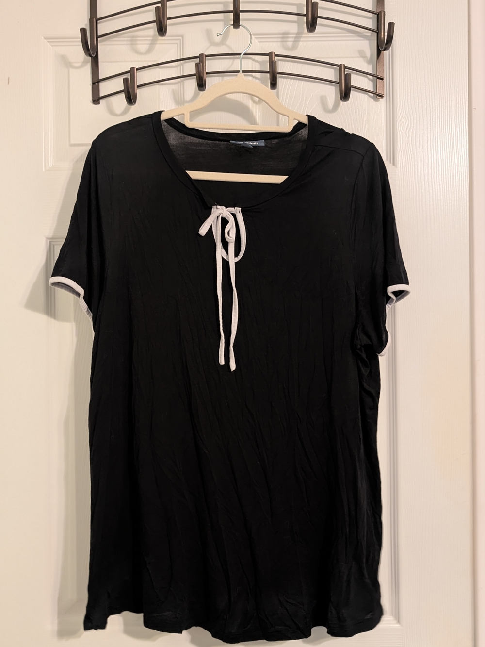 Modcloth Black Short Sleeve Tie-Neck Top with White Trim